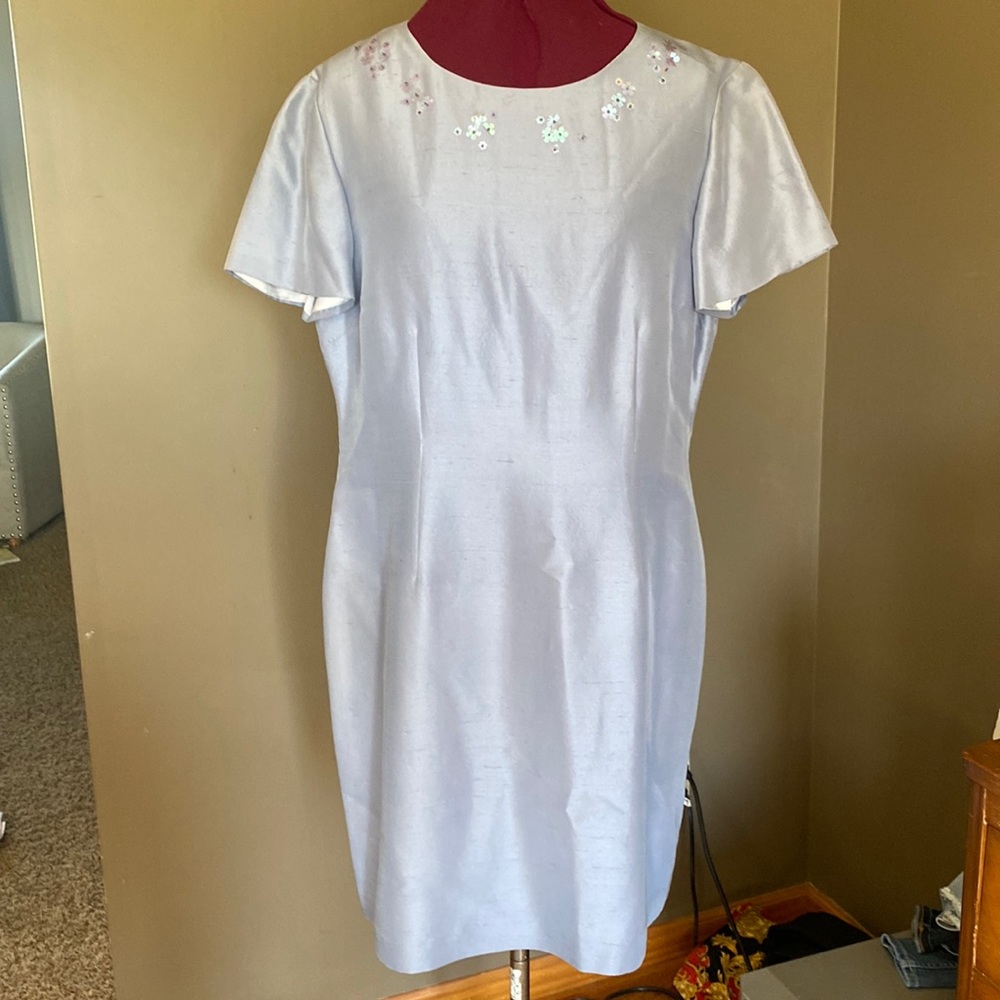 John Roberts Light Blue Silk Dress with Floral Detailing (Size 14)